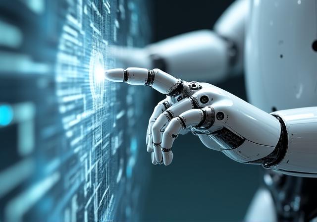 Mână robotică interacționând cu un ecran holografic în București
