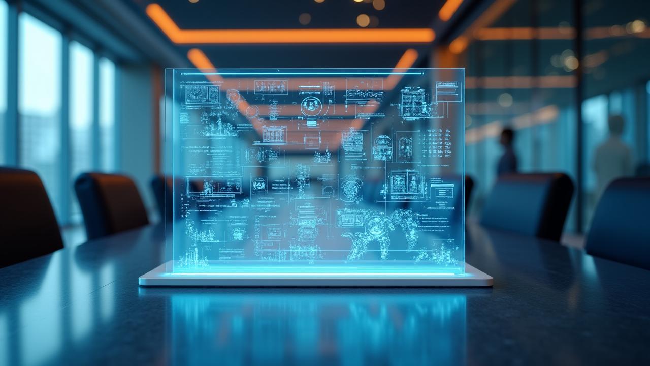 Diagramă de flux digitală proiectată deasupra unei echipe de experți